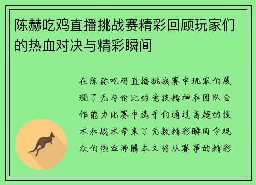陈赫吃鸡直播挑战赛精彩回顾玩家们的热血对决与精彩瞬间